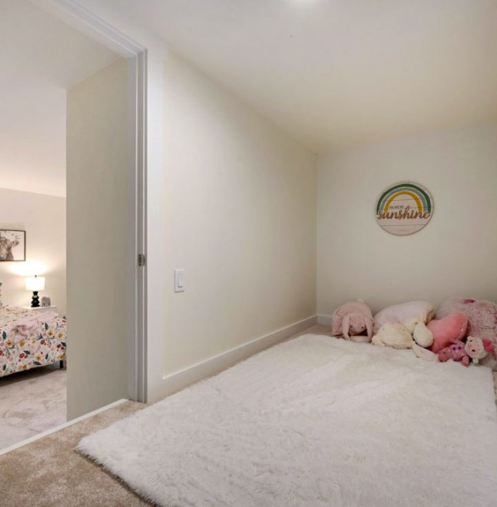 Children's Room Play Area Interior with hypoallergenic floor rug for toddlers to sit or babies to crawl on.